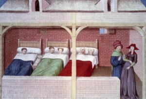 A dormitory. Miniature from a manuscript in French of the "Decameron" by Giovanni Boccaccio (1313-1375), Italian writer, illuminated by the Master of Mansel. 1450 . Arsenal Library, Paris, France (Photo by Leemage/Corbis via Getty Images)